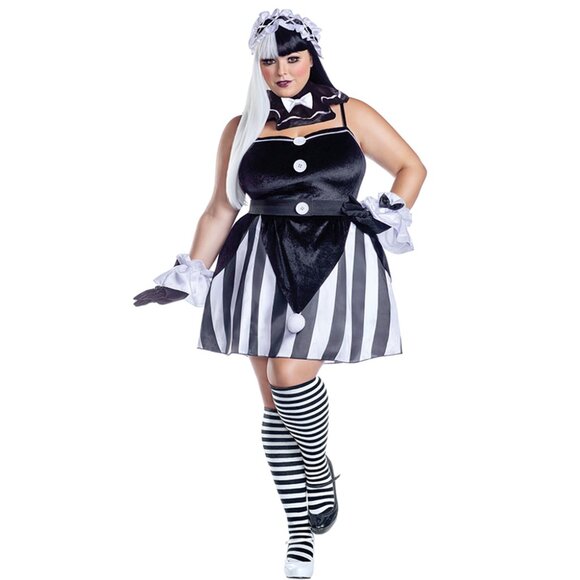 Plus Size Scary Doll Costume Set, Velvet and Striped Satin Dress - Picture 1 of 2